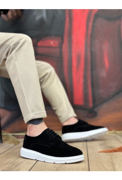 BA0003 Bağcıklı Klasik Spor Süet Siyah Beyaz Yüksek Taban Casual Erkek Ayakkabı