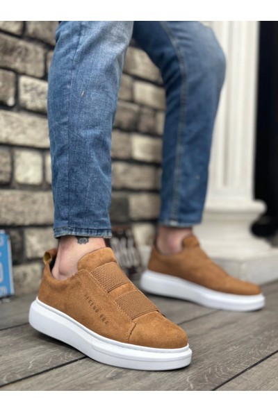 Aradım Taradım BA0307 Boa Kalın Süet Yüksek Taban Çift Bant Taba Beyaz Erkek Ayakkabı