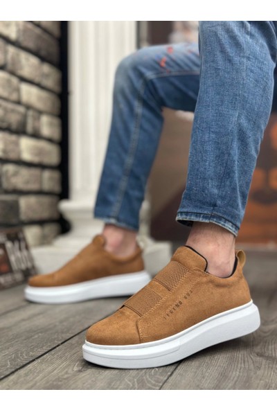 Aradım Taradım BA0307 Boa Kalın Süet Yüksek Taban Çift Bant Taba Beyaz Erkek Ayakkabı