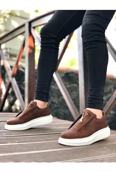 BA0310 Boa Kalın Yüksek Taban Fermuarlı Taba Siyah Erkek Ayakkabı