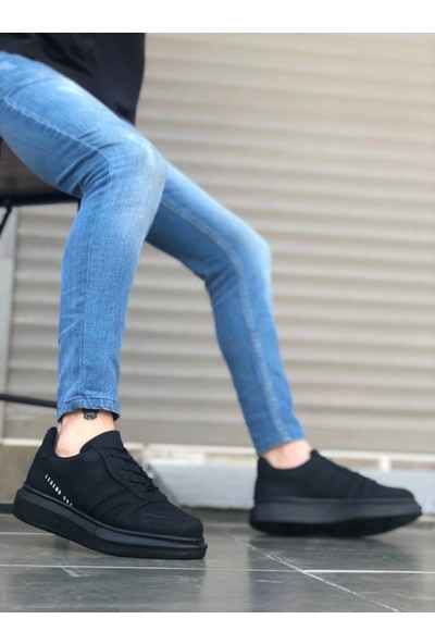 BA0548 Boa Kalın Yan Desenli Yüksek Siyah Taban Siyah Bağcıklı Spor Erkek Ayakkabı