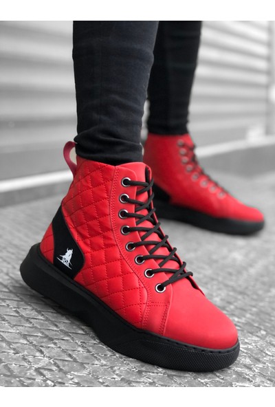 BA0159 Bağcıklı Kırmızı Kapitone Erkek Yüksek Taban Spor Bot