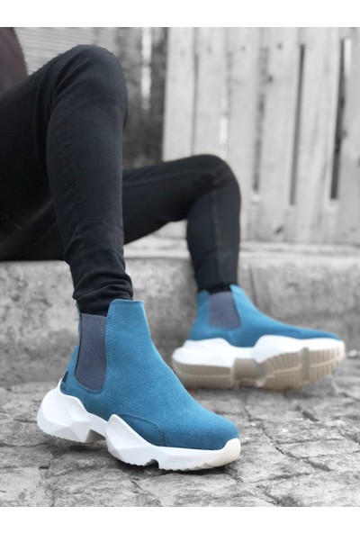 BA0444 Bağcıksız Rahat Yüksek Taban Mavi Erkek Spor Yarım Bilek Bot