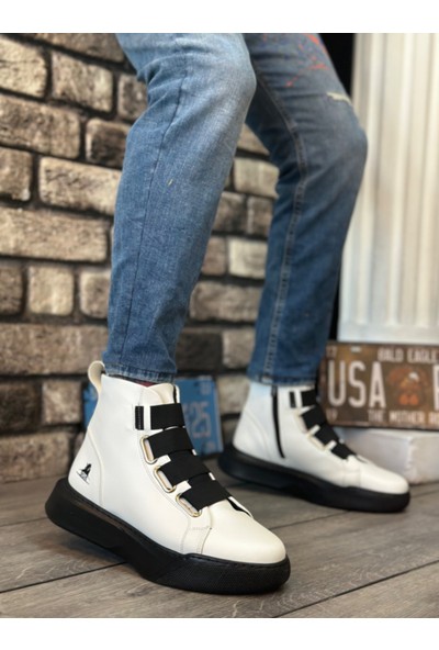 BA0142 Bantlı Erkek Yüksek Taban Beyaz Siyah Spor Bot