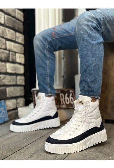 Aradım Taradım Ba0811 Boa Yüksek Taban Beyaz Paraşüt Kumaş Lacivert Cilt Detaylı Erkek Ayakkabı