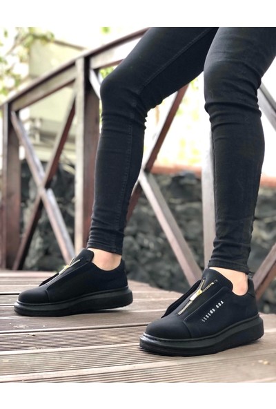 BA0310 Boa Kalın Yüksek Taban Fermuarlı Siyah Siyah Erkek Ayakkabı