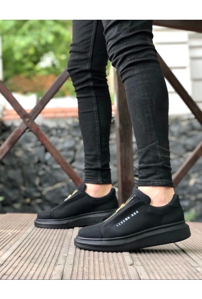 BA0310 Boa Kalın Yüksek Taban Fermuarlı Siyah Siyah Erkek Ayakkabı