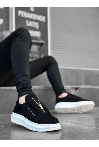 BA0310 Boa Kalın Süet Yüksek Taban Fermuarlı Siyah Beyaz Erkek Ayakkabı