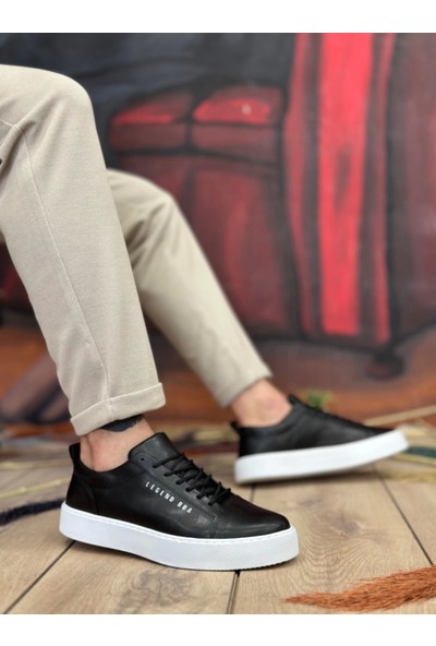 BA104 Boa Yüksek Siyah Cilt Bağcıklı Erkek Ayakkabı