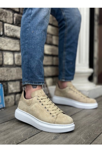 BA0547 Boa Kalın Yüksek Taban Krem Süet Bağcıklı Spor Erkek Ayakkabı