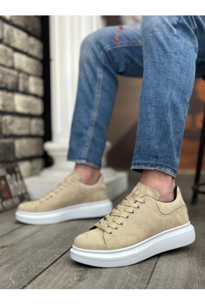 BA0547 Boa Kalın Yüksek Taban Krem Süet Bağcıklı Spor Erkek Ayakkabı