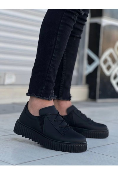 KB-X502  Kuback Siyah Cilt Yüksek Beyaz Taban Bağcık Detaylı Lastikli Günlük Erkek Ayakkabı