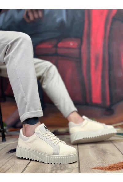 BA0803 Boa Yüksek Taban Triko Krem Erkek Ayakkabı