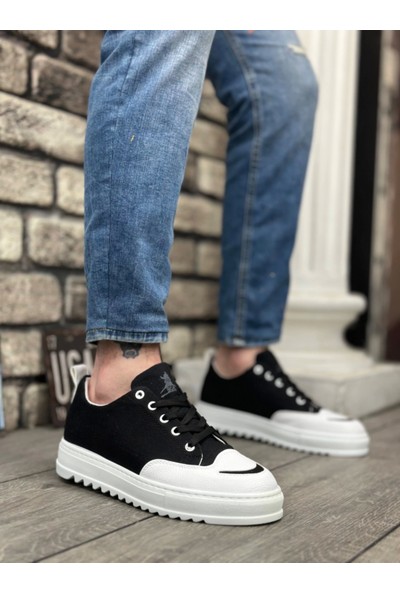 BA0328 Boa Kalın Yüksek Taban Smile Desenli Siyah Beyaz Spor Erkek Ayakkabı