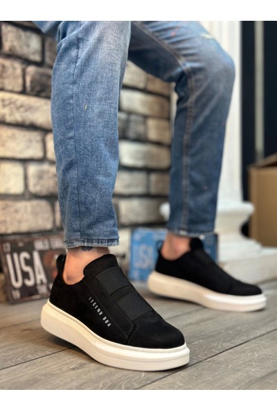 BA0307 Boa Kalın Süet Çift Bant Siyah Beyaz Taban Erkek Ayakkabı