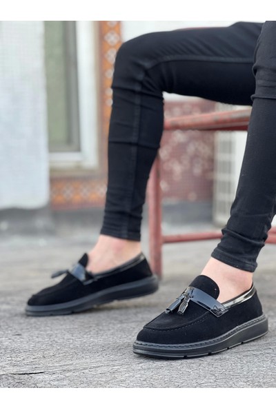 BA0005 Bağcıksız Yüksek Taban Klasik Süet Siyah Siyah Taban Püsküllü Erkek Ayakkabı