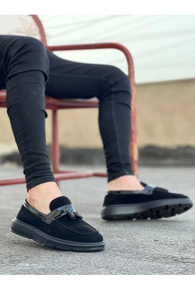 BA0005 Bağcıksız Yüksek Taban Klasik Süet Siyah Siyah Taban Püsküllü Erkek Ayakkabı