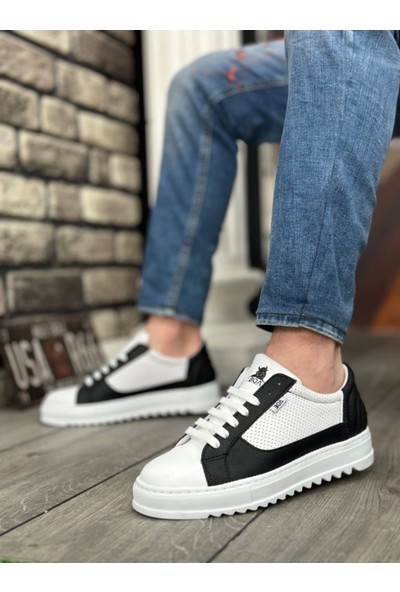 BA0323 Boa Kalın Tırtık Yüksek Taban Beyaz Siyah Bağcıklı Spor Erkek Ayakkabı