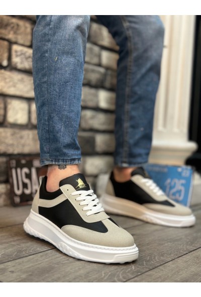 BA0327 Boa Gri Siyah Kalın Yüksek Taban Bağcıklı Spor Erkek Ayakkabı