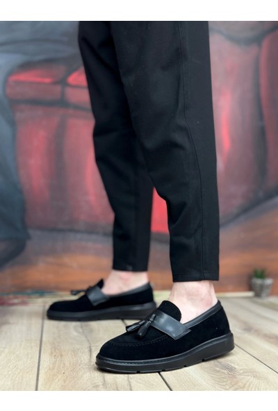 BA0005 Bağcıksız Yüksek Taban Mat Siyah Klasik Püsküllü Corcik Erkek Ayakkabı