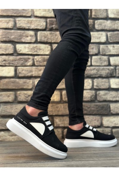 BA0302 Boa Kalın Taban Bağcıksız Tarz Casual Siyah Beyaz Erkek Ayakkabı