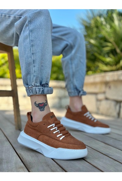 BA0332 Merdiven Desen Bağcıklı Erkek Yüksek Taban Krem Süet Spor Ayakkabı