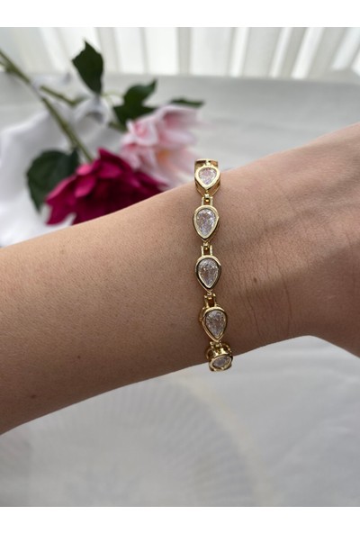 Arasera Çelik Zirkon Taşlı Damla Model Altın Renk Bileklik