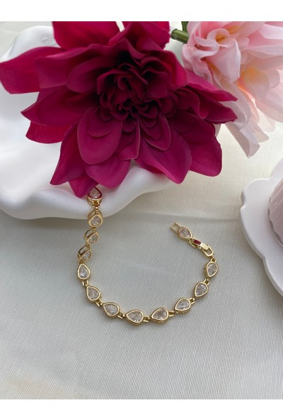 Arasera Çelik Zirkon Taşlı Damla Model Altın Renk Bileklik