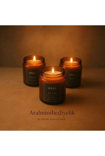 ARALMİNİ 3'lü Set Kokulu Tasarım Mum Amber 100 ml Cam Kavanoz
