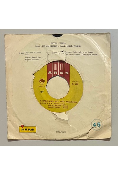 Aras Binali Selman Nare Nare - Lorke - Bayburt Sallaması - Bayburt Veysel Barı Havası 45 Lik Plak (Orjinal Dönem Baskı)