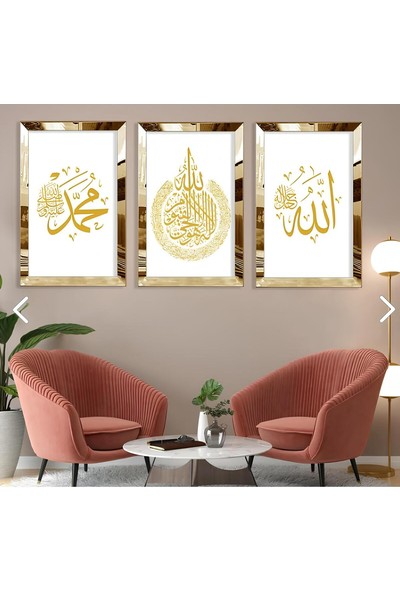AR AJANS KANVAS TABLO Allah ve Hz Muhammed Dini Islami Gold Pleksi Çerçeveli Kenar 3'lü Mdf Tablo