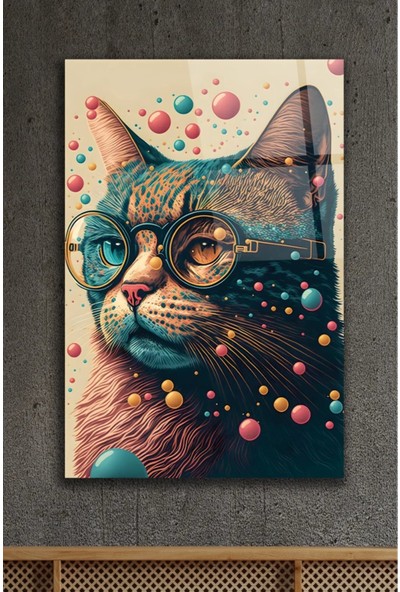 AR AJANS KANVAS TABLO Gözlüklü Kedi Renkli Baloncuk Temalı Dekoratif Cam Tablo