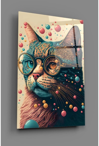 AR AJANS KANVAS TABLO Gözlüklü Kedi Renkli Baloncuk Temalı Dekoratif Cam Tablo