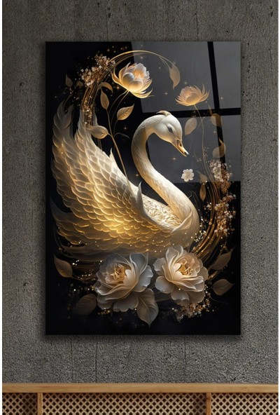 AR AJANS KANVAS TABLO Geceye Süzülen Kuğu Dekoratif Cam Tablo