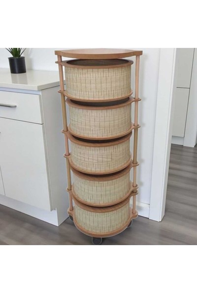 Ar Armese Ahşap Sebzelik 5 Katlı Tekerlekli Modern Tasarım Uv Baskı Naturel Mdf Akçalı