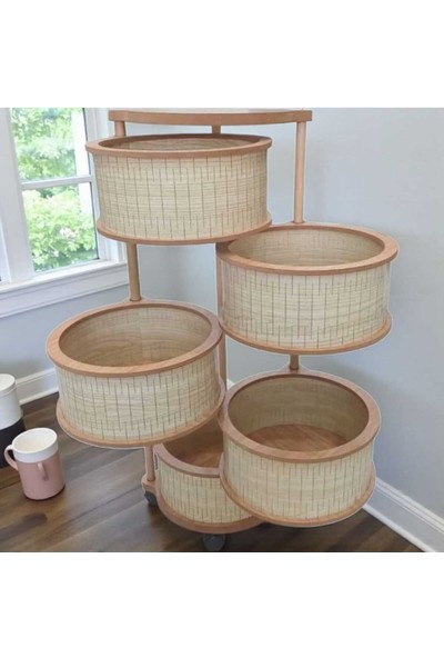 Ar Armese Ahşap Sebzelik 5 Katlı Tekerlekli Modern Tasarım Uv Baskı Naturel Mdf Akçalı