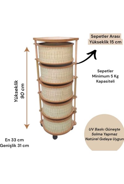 Ar Armese Ahşap Sebzelik 5 Katlı Tekerlekli Modern Tasarım Uv Baskı Naturel Mdf Akçalı