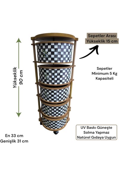 Ar Armese 5 Katlı Ahşap Sebzelik Damalı Naturel Gıdaya Uygun Kaliteli Mdf Modern Zeytinli