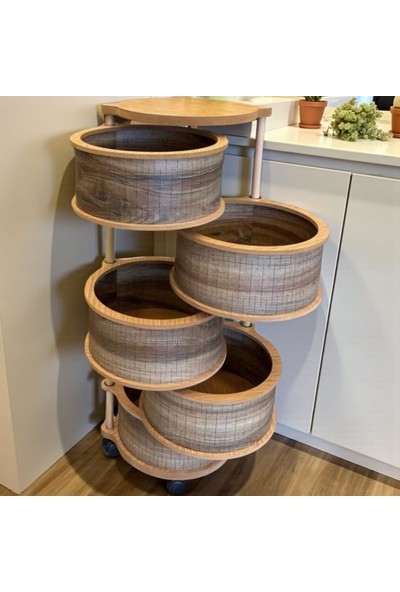 Ar Armese Ahşap Sebzelik 5 Katlı Tekerlekli Modern Tasarım Uv Baskı Naturel Mdf Kemençe