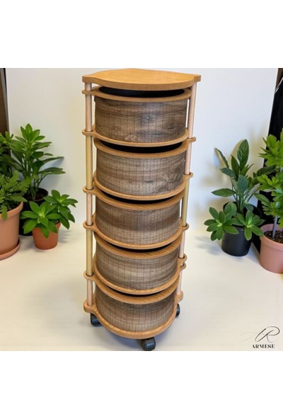 Ar Armese Ahşap Sebzelik 5 Katlı Tekerlekli Modern Tasarım Uv Baskı Naturel Mdf Kemençe