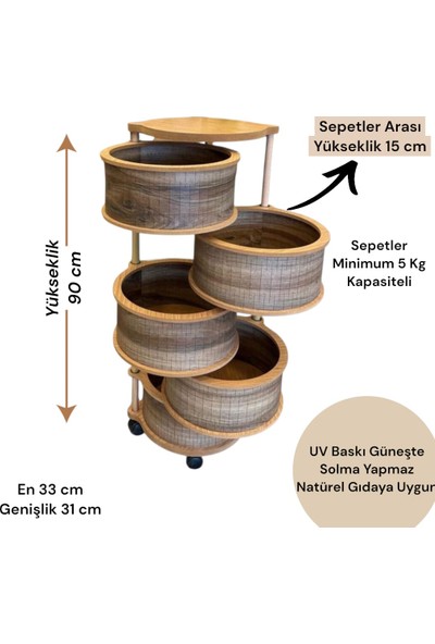 Ar Armese Ahşap Sebzelik 5 Katlı Tekerlekli Modern Tasarım Uv Baskı Naturel Mdf Kemençe
