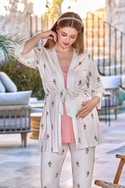 Cossy By Aqua 25627 Kadın Haki Sabahlıklı 3'lü Lohusa Pijama Takımı
