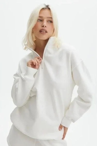 Unisex Uzun Kol Yarım Farmuarlı Yakalı Basic Sweatshirt - Beyaz