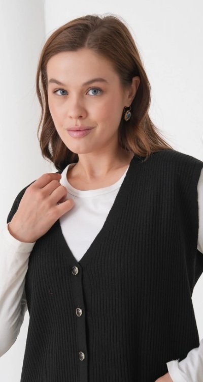 Fresh Moda Kadın Anne Büyük Beden Fitilli Yün Triko Yelek görsel 5