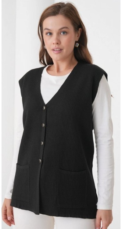 Fresh Moda Kadın Anne Büyük Beden Fitilli Yün Triko Yelek görsel 7