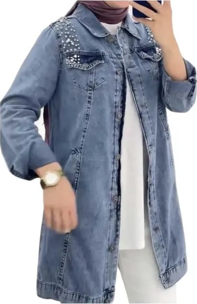 Harman Butik Kadın Taşlı Kot Ceket Mavi Dokuma Kumaş Normal Kalıp Günlük Tarz Cepli görsel 5
