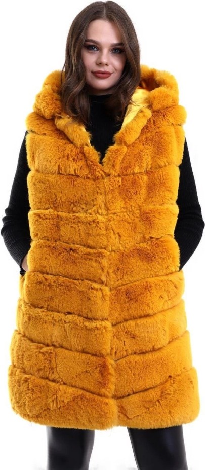Hobilinka Kapşonlu Peluş Kürk Yelek Premium Kalite, Tam Astarlı, Uzun Model - Sarı görsel 4