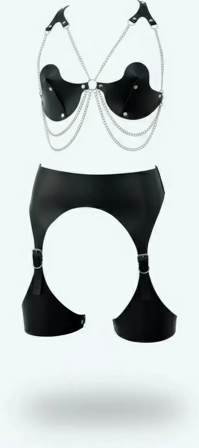 mery Siyah Harness Takım Zincir Detaylı Suni Deri Jartiyerli - BRF1221 Mery Woman
