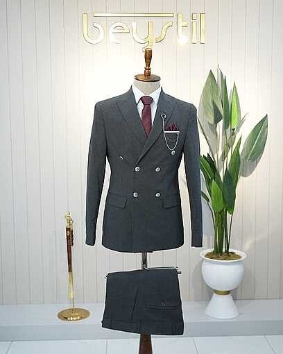 Beystil Sivri Yaka Gri Kruvaze Takım Elbise Nikol - Slim Fit
