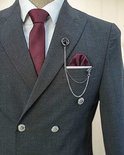 Beystil Sivri Yaka Gri Kruvaze Takım Elbise Nikol - Slim Fit görsel 3